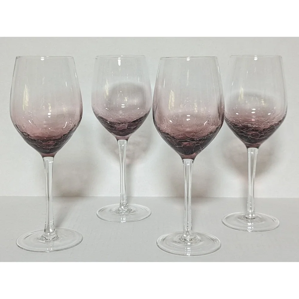 Discontinued Pier 1 Hand Blown Amethyst Crackle Glass Balloon Style Goblets (4)